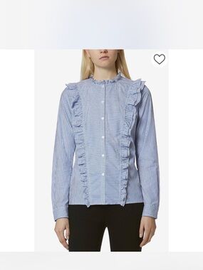 Avec Les Filles Blue and White Striped Ruffle Blouse